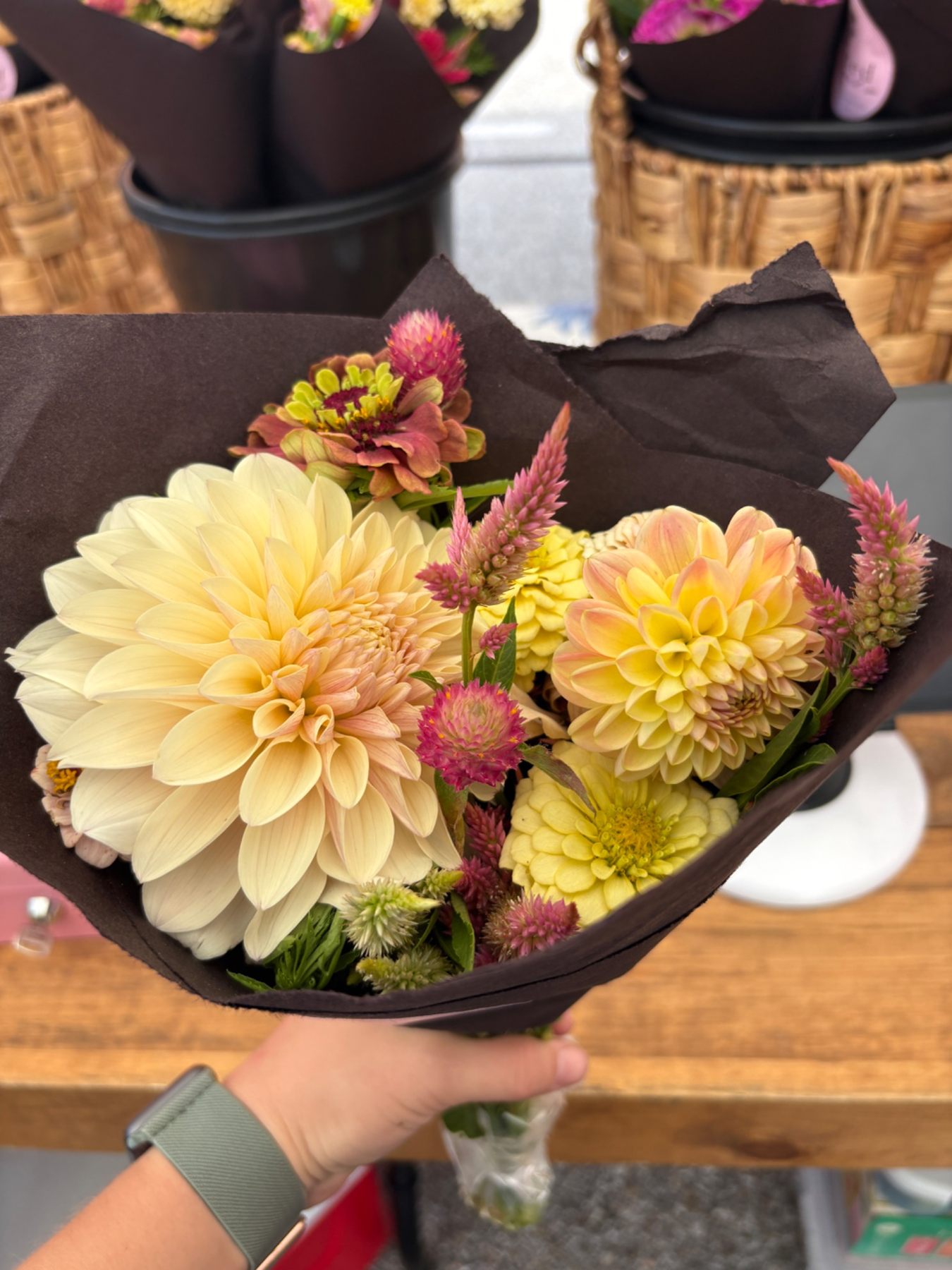 Cream dahlias and pink celosia